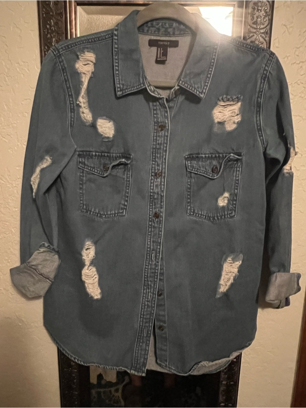 Forever 21 Distressed Denim Button-Down Shirt Jacket - Blue